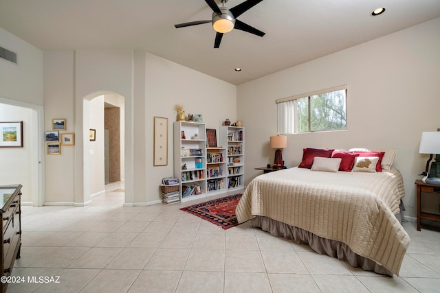 bedroom featuring ceiling fan and light tile patterned flooring