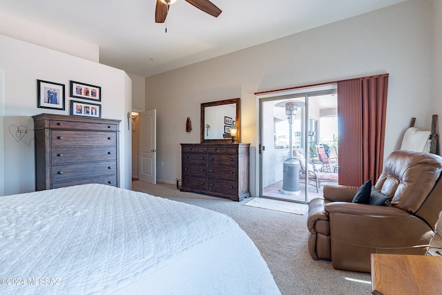 bedroom featuring ceiling fan, access to outside, and light colored carpet