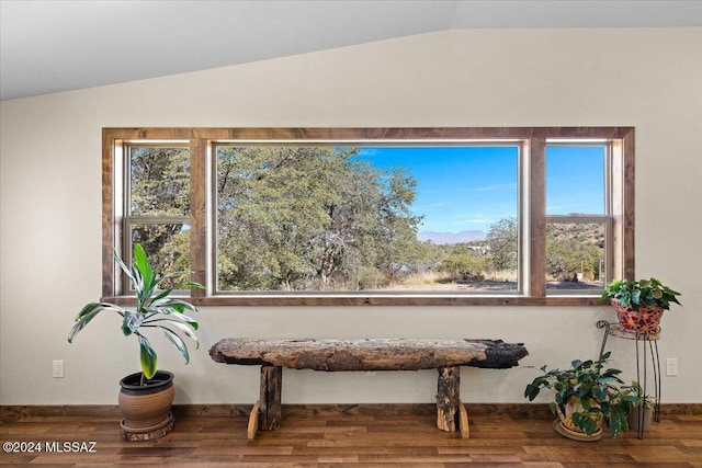 sitting room featuring lofted ceiling, a healthy amount of sunlight, baseboards, and wood finished floors