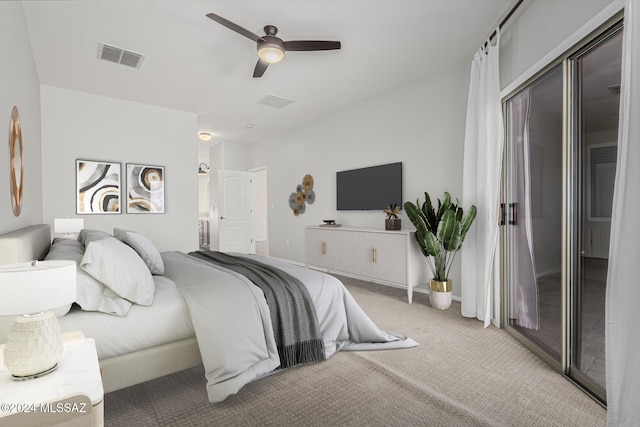 bedroom featuring access to outside, ceiling fan, and light carpet