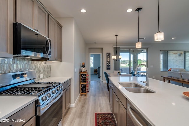 kitchen featuring appliances with stainless steel finishes, light wood-type flooring, tasteful backsplash, sink, and pendant lighting