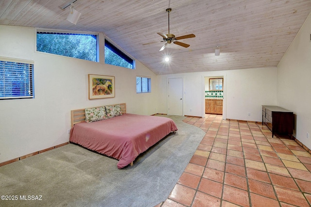 bedroom featuring ensuite bathroom, lofted ceiling, wood ceiling, and ceiling fan