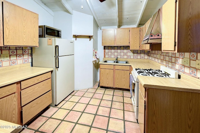 kitchen featuring light brown cabinetry, sink, exhaust hood, wooden ceiling, and white appliances