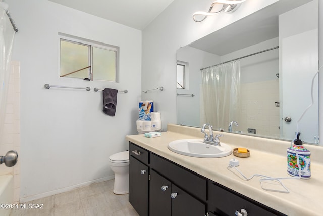 full bathroom featuring shower / bathtub combination with curtain, a wealth of natural light, toilet, vanity, and tile patterned flooring