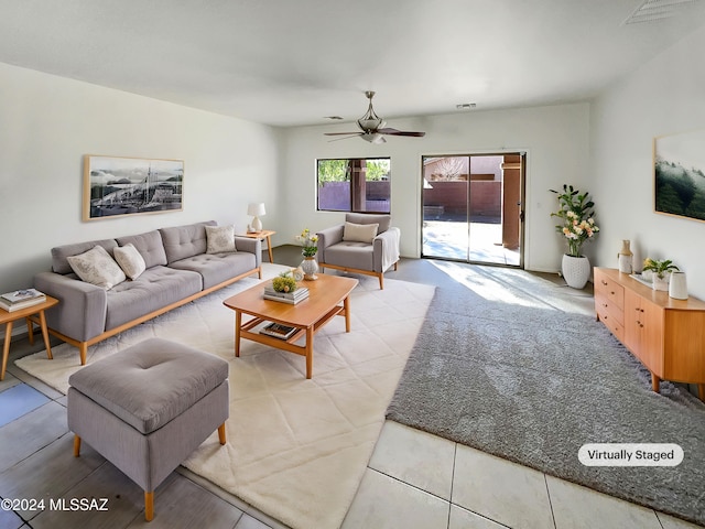 living room featuring ceiling fan