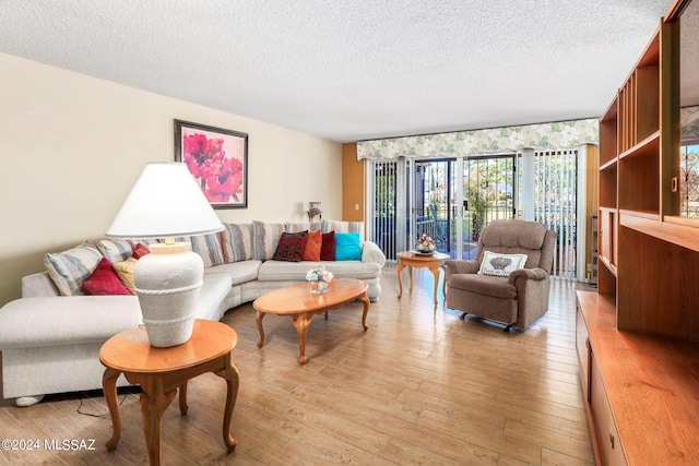 living room featuring light hardwood / wood-style flooring and a textured ceiling