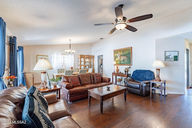 living room with lofted ceiling, a textured ceiling, dark hardwood / wood-style floors, and ceiling fan with notable chandelier