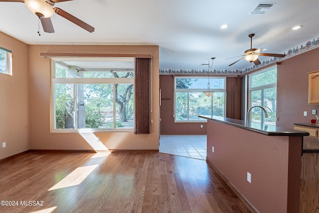 kitchen with ceiling fan, wood-type flooring, sink, and pendant lighting