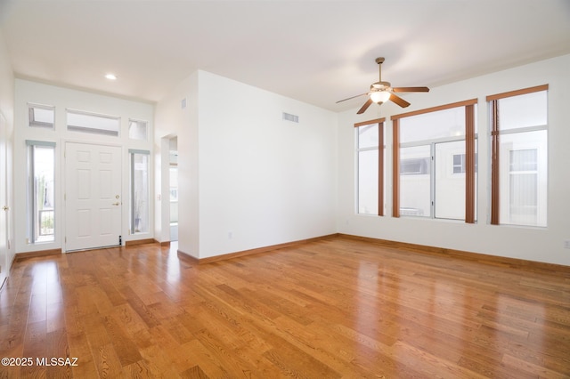entrance foyer with ceiling fan, light wood-style flooring, recessed lighting, baseboards, and visible vents