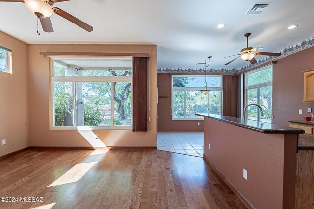 kitchen featuring light hardwood / wood-style flooring, a healthy amount of sunlight, stainless steel appliances, and backsplash