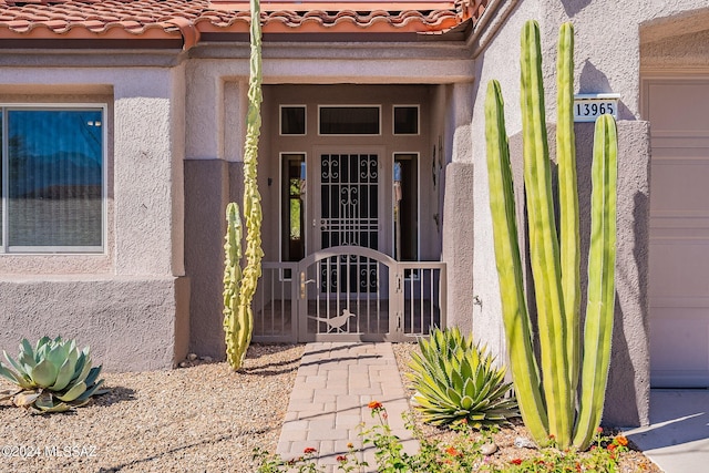 view of exterior entry with a gate, stucco siding, and a tile roof
