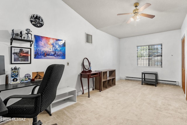 office area featuring baseboard heating, light carpet, a textured ceiling, and ceiling fan