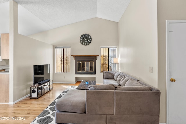 living room with hardwood / wood-style floors, a healthy amount of sunlight, high vaulted ceiling, and a textured ceiling