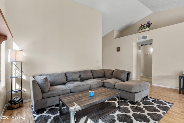 living room featuring hardwood / wood-style flooring and vaulted ceiling