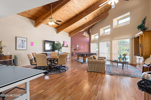 living room featuring high vaulted ceiling, pool table, beam ceiling, wood-type flooring, and wood ceiling