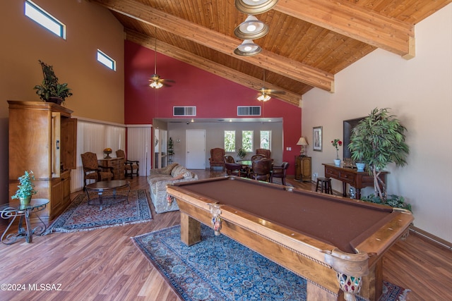 game room featuring a high ceiling, hardwood / wood-style flooring, ceiling fan, pool table, and wood ceiling