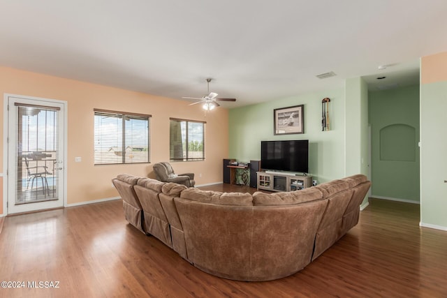 view of pool with a patio and ceiling fan