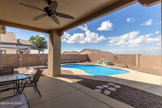 view of pool featuring a patio and ceiling fan