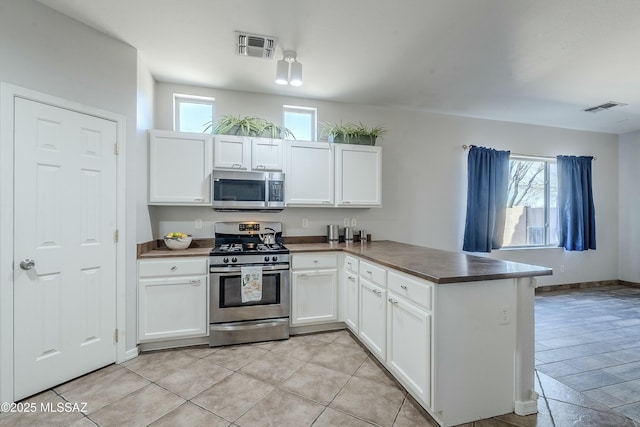 kitchen with white cabinetry, stainless steel appliances, and kitchen peninsula