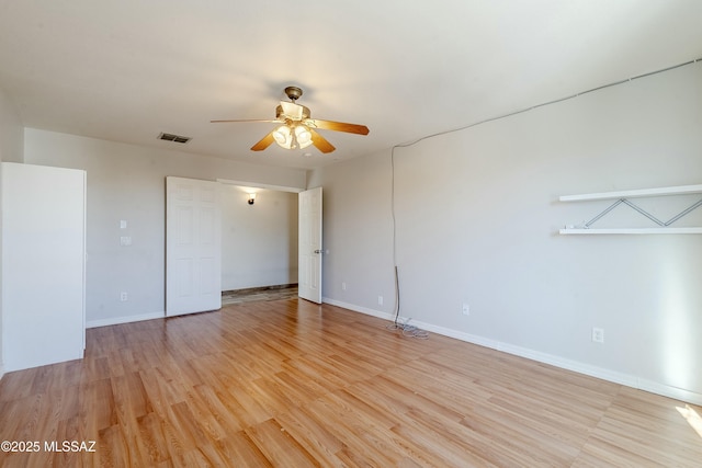 empty room featuring ceiling fan and light hardwood / wood-style flooring