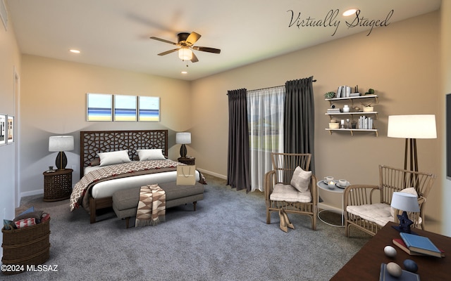 carpeted bedroom with ceiling fan