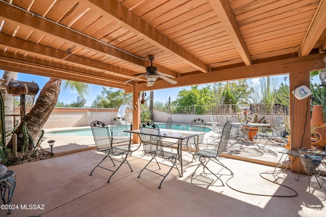 view of patio / terrace with a fenced in pool and ceiling fan