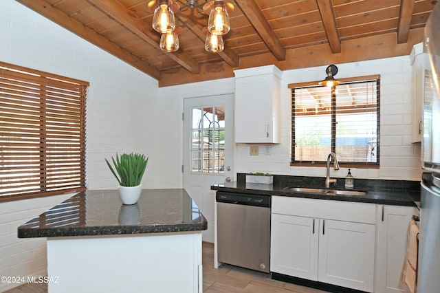 kitchen featuring pendant lighting, white cabinetry, sink, and stainless steel dishwasher