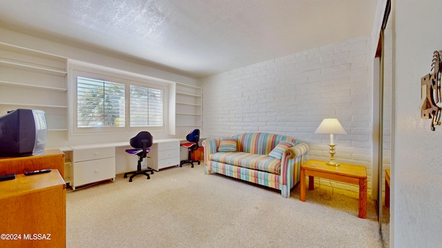 interior space with brick wall, a textured ceiling, and light colored carpet