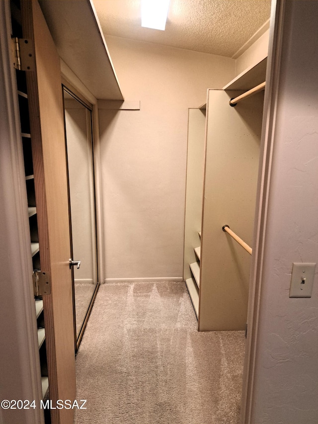 spacious closet featuring light colored carpet