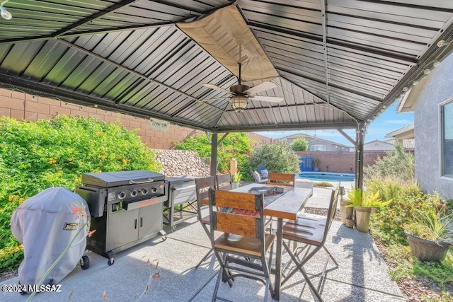 view of patio / terrace with a fenced in pool, grilling area, and ceiling fan