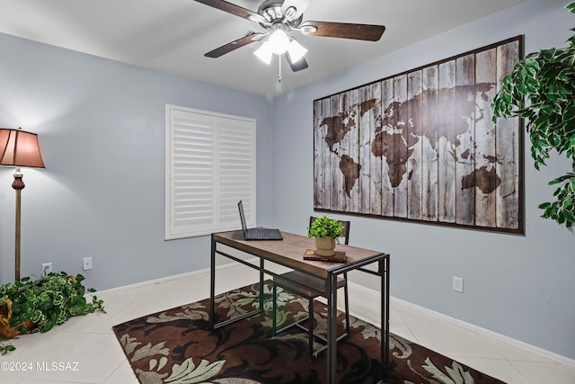 tiled office space with ceiling fan