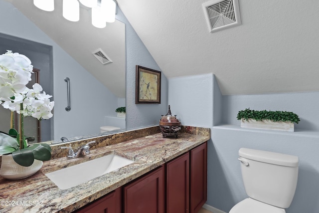 bathroom with vanity, vaulted ceiling, and toilet