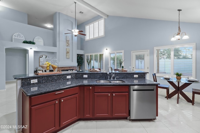 kitchen with sink, dishwasher, hanging light fixtures, a wealth of natural light, and high vaulted ceiling