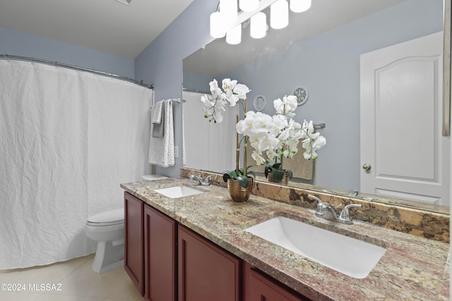 bathroom with vanity, a shower with curtain, toilet, and tile patterned flooring