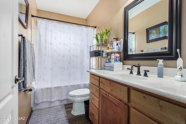 full bathroom featuring toilet, vanity, shower / bath combo, and hardwood / wood-style flooring