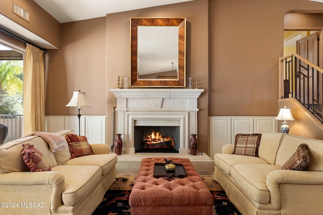 living room with vaulted ceiling