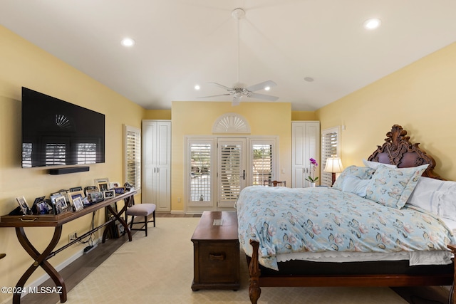 bedroom featuring hardwood / wood-style flooring and ceiling fan