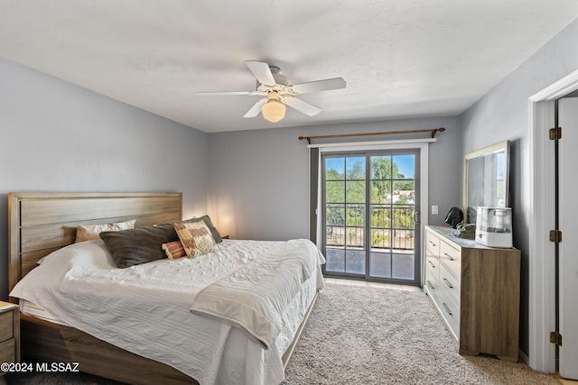 bedroom with light carpet, access to outside, and ceiling fan