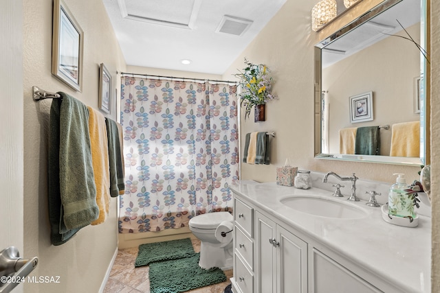 full bathroom featuring vanity, shower / bath combo, toilet, and tile patterned floors