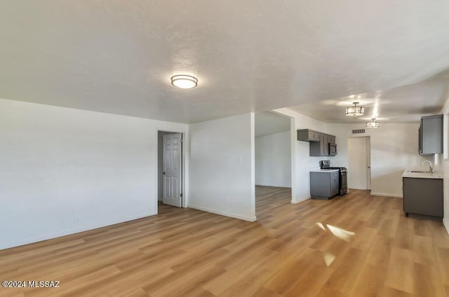 unfurnished living room with light wood-type flooring, visible vents, a sink, and baseboards