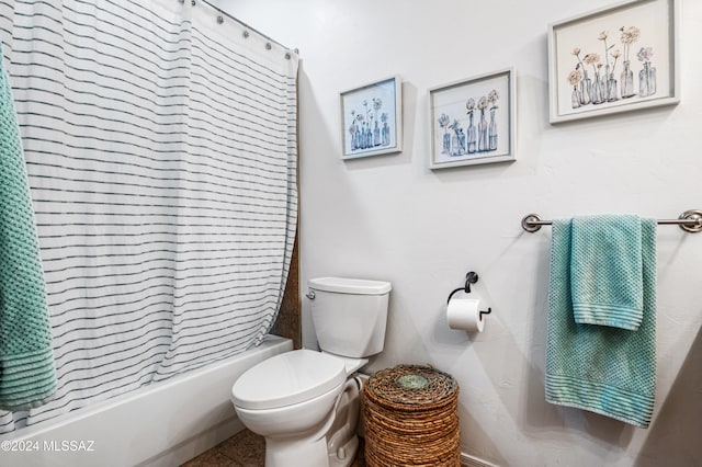 bathroom with toilet and shower / bathtub combination with curtain