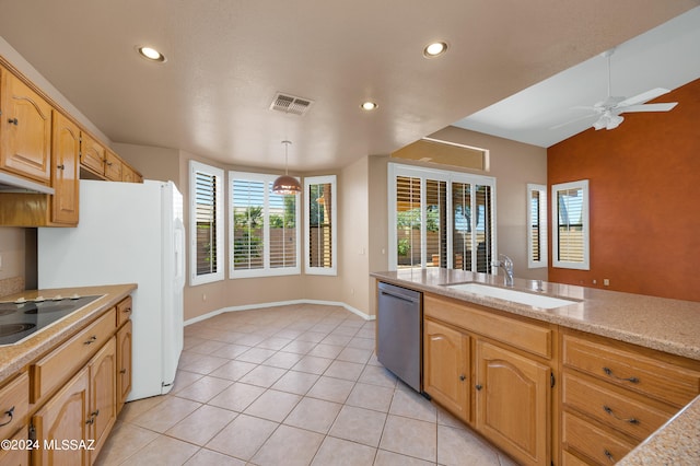 kitchen featuring ceiling fan, light tile patterned floors, dishwasher, decorative light fixtures, and sink