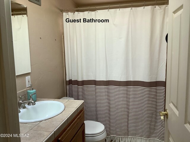 bathroom with vanity, a shower with curtain, and toilet