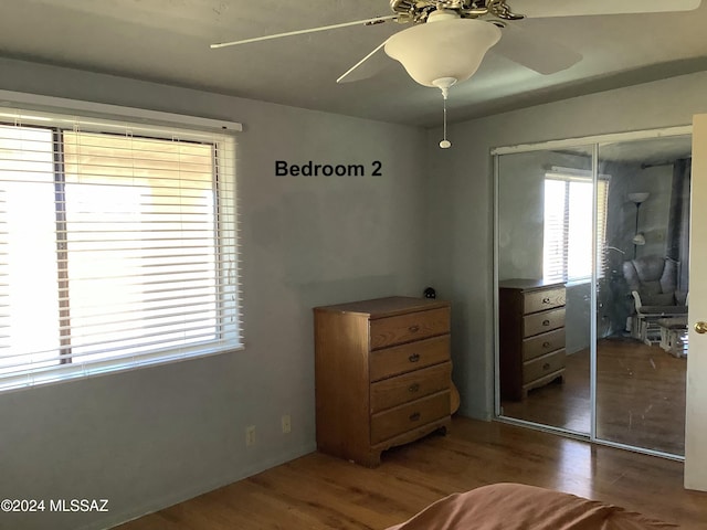 7857 W Winchester Easement, Willcox, AZ 85643 - bedroom with a closet, a ceiling fan, and wood finished floors
