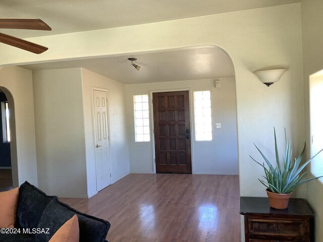 foyer with ceiling fan and wood-type flooring