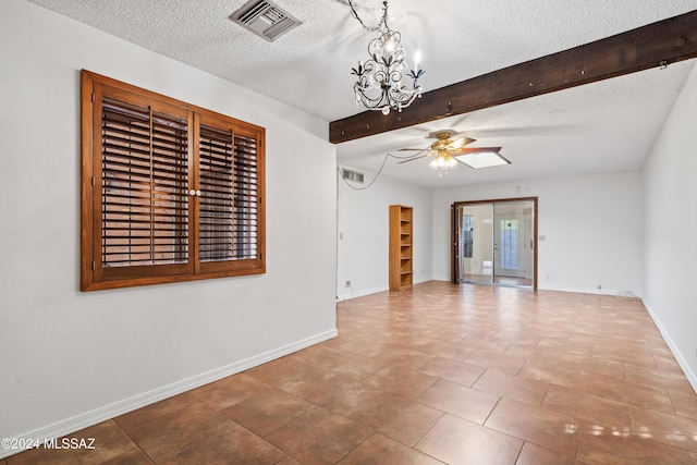 tiled empty room with ceiling fan with notable chandelier, beamed ceiling, and a textured ceiling