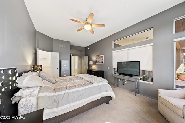 bedroom featuring a ceiling fan, carpet flooring, and visible vents