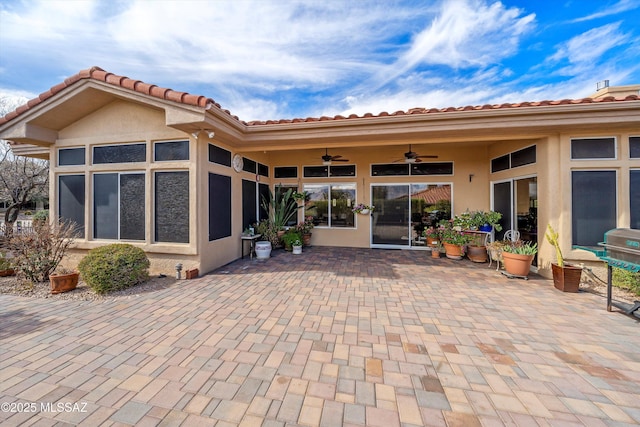 rear view of property featuring a ceiling fan, a patio, and stucco siding