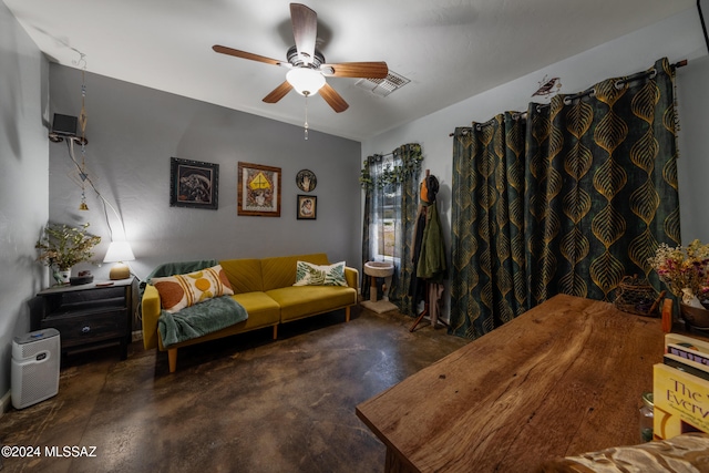 living room featuring ceiling fan