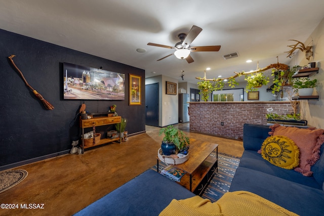 living room with ceiling fan